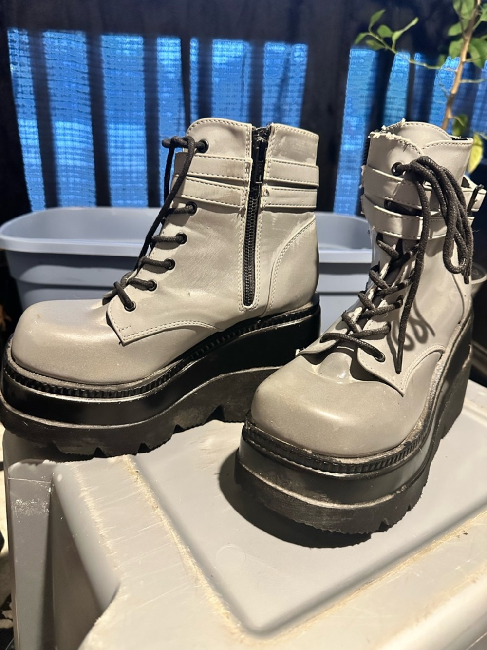 Demonia Gray Platform Lace-Up Ankle Boots with Black Soles